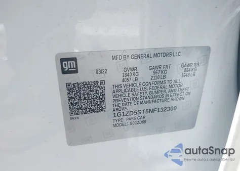 2022 Chevrolet Malibu Lt из США, поврежденный, VIN 1G1ZD5ST5NF132300